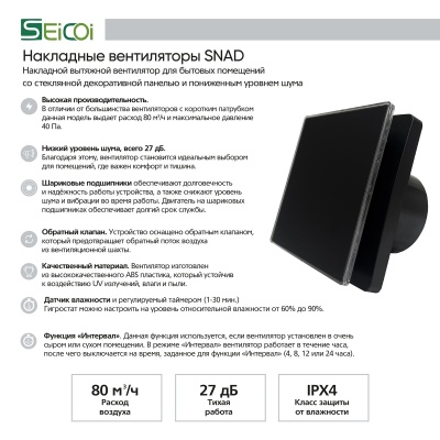 Накладной вентилятор Seicoi 100 Matt Black Glass SNAD04-01D